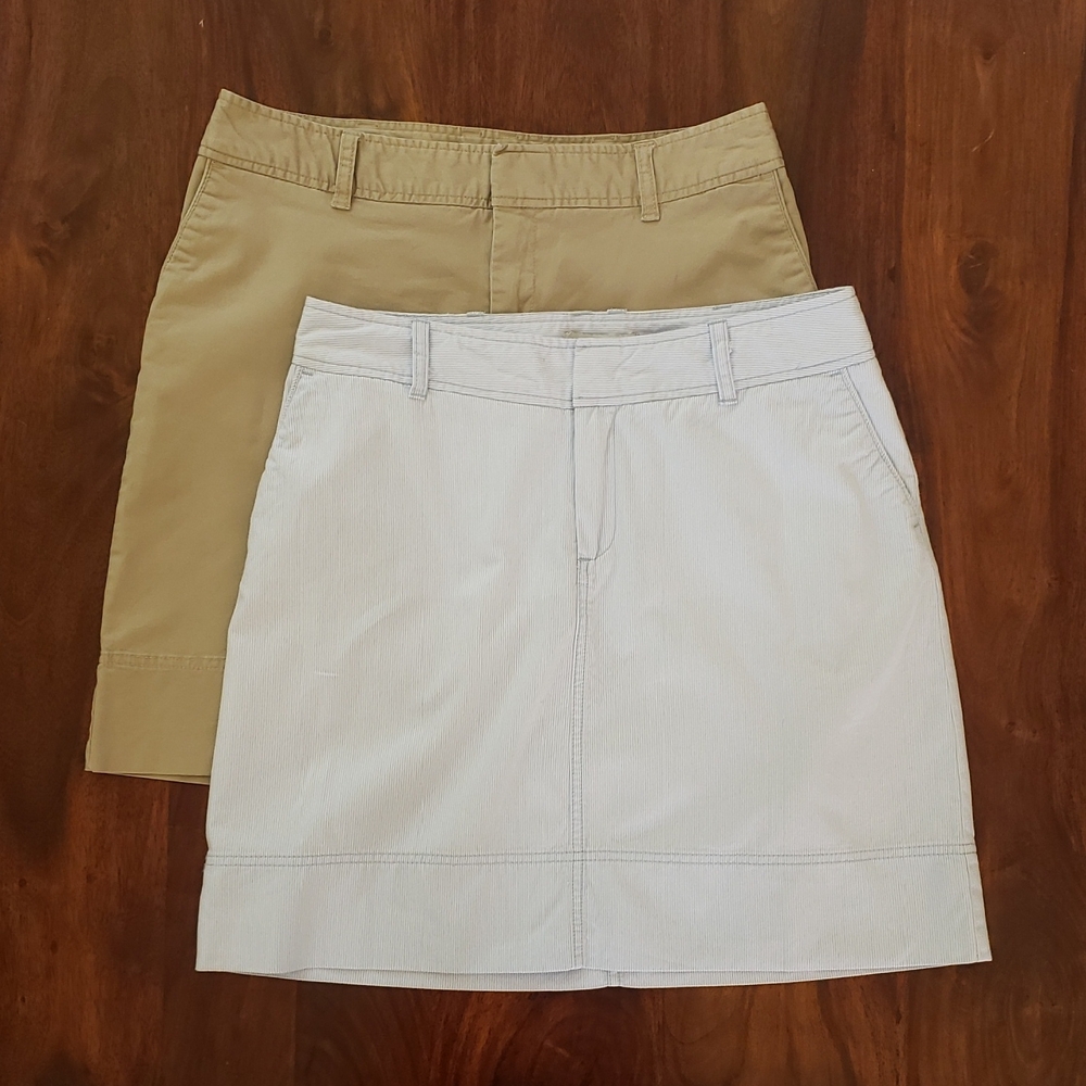 MERONA Skirt Bundle Size 10 Lot of 2 Tan Cotton Chino & Blue Seersucker - Picture 2 of 10